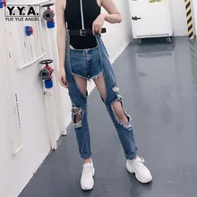 Весенне-летние рваные джинсы с поясом женские повседневные шаровары с открытым коленом студенческие модные уличные джинсовые штаны в стиле хип-хоп