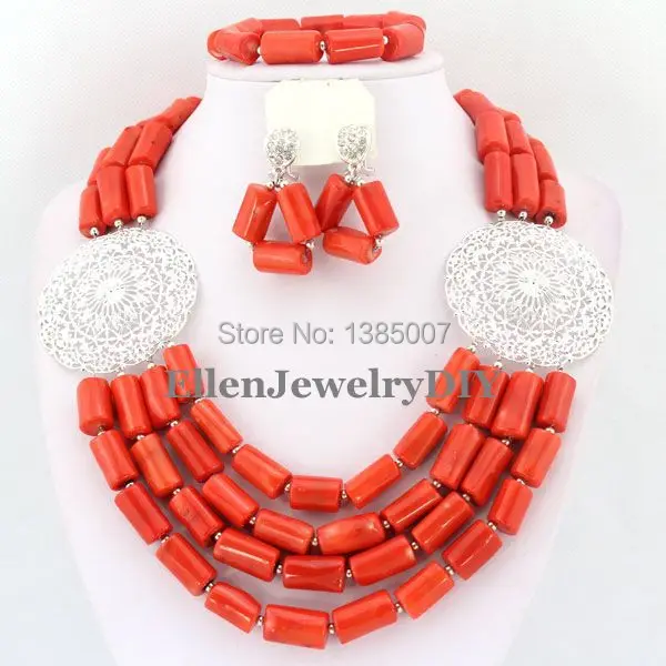 Graceful African Nigerian Wedding Beads Coral Jewelry Sets,African Beads Coral Necklace Bracelet Earrings Sets TL1496