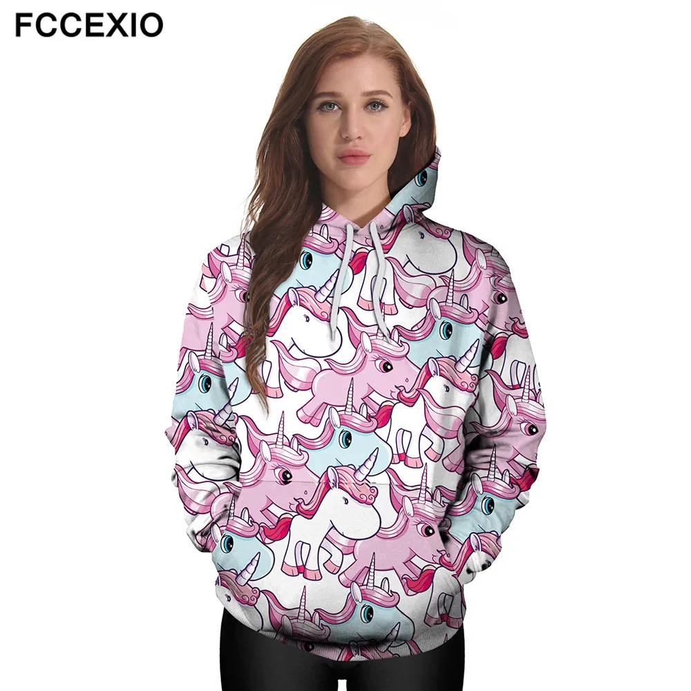 

FCCEXIO 2019 Fall/Winter New Women Sweatshirt Pink Unicorn 3D Printed Cartoon Hoodies Pullovers Colorful Galaxy Sweatshirts
