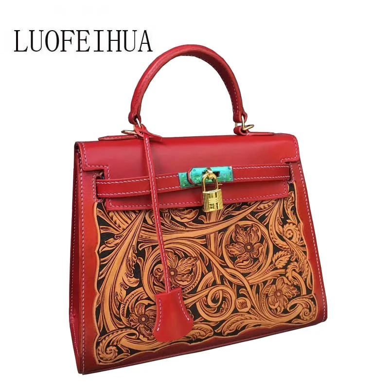 

LUOFEIHUA 2019 new ethnic style retro handbag Handmade leather carving ladies messenger bag Designer bag female
