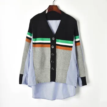 

Oversized Cardigans Shirt Women 2019 Hit Color Striped V-neck Full Irregular Shirts Spliced Knit Single Breasted Cardigan Tops