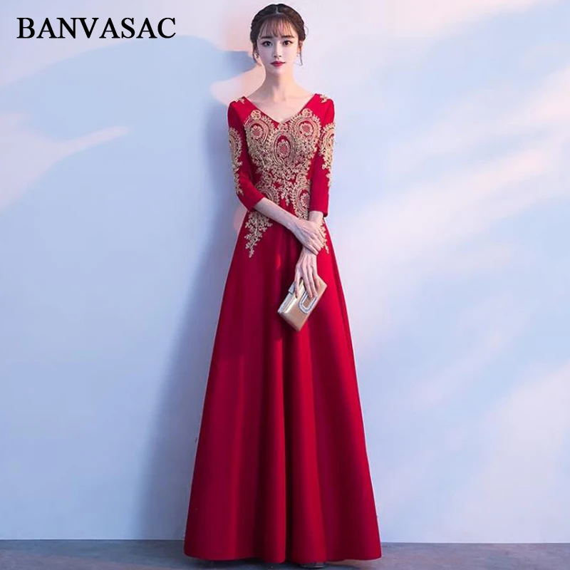 

BANVASAC 2018 V Neck Elegant Gold Lace Appliques A Line Long Evening Dresses Party Satin Zipper Back Prom Gowns