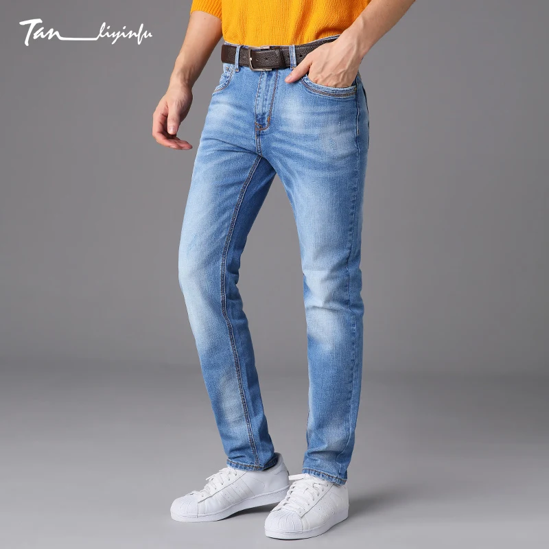 Tanliyinfu luxe Performance Blue Slim Straight Denim Men s Jeans exquisite Embroidery decoration pants Cotton 98