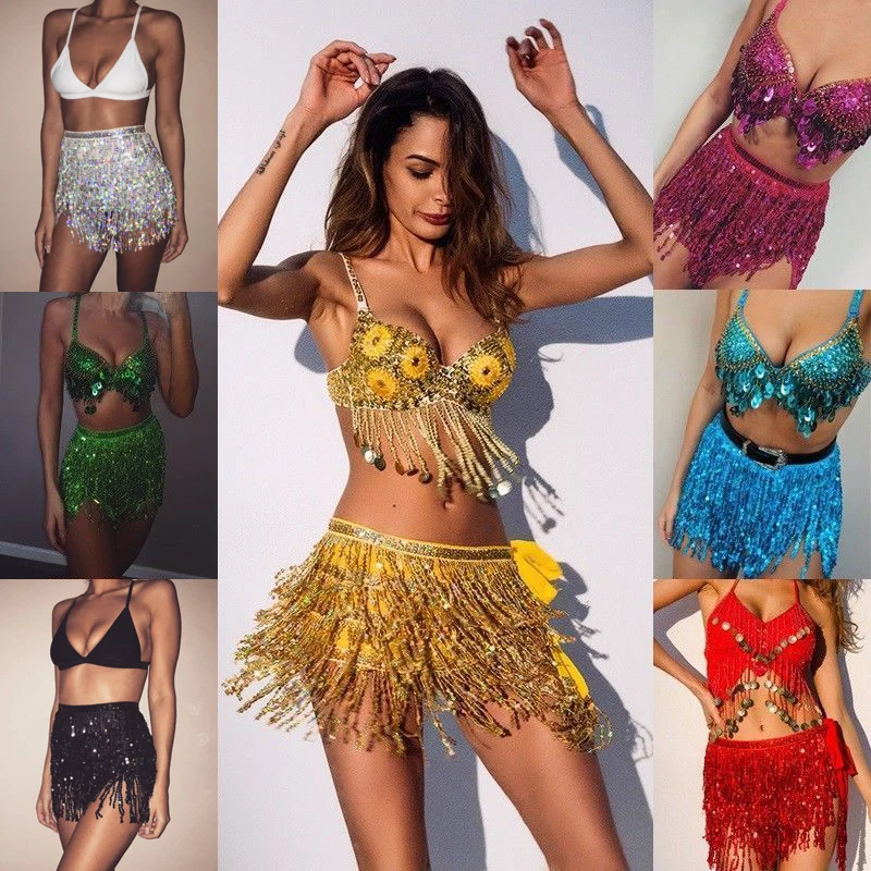 Tassel Belly Dance Hip Scarf Skirt Coin Belt Waist Wrap Sequin Fringe Wrap Skirt