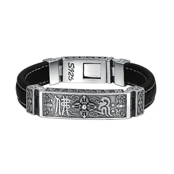 

Buddha Buddhist Heart Sutra Bracelet Bangle 925 Sterling Silver and Pure Cow Leather Jewelry Men Women Bracelet 2018 Gift FB24