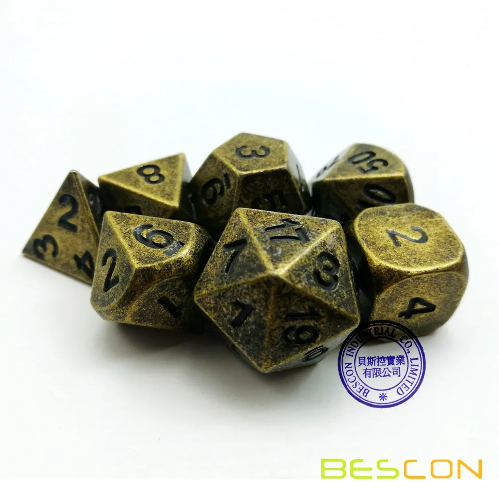 Bescon Ancient Brass Solid Metal Polyhedral D&D Dice Set of 7 Antique Copper Metal RPG Role Playing Game Dice 7pcs Set 5