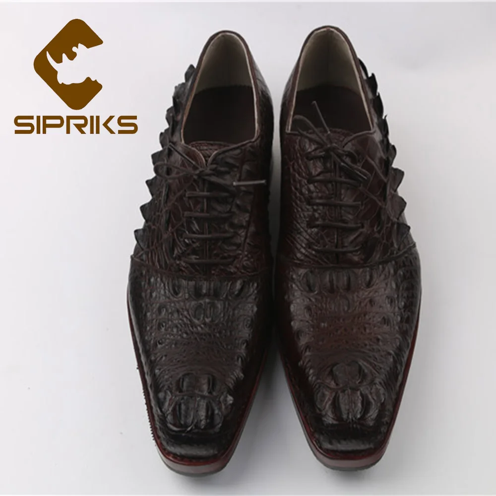 

Sipriks Imported Real Crocodile Skin Leather Black Oxfords Unique Designer Dark Brown Tan Business Office Italy Goodyear Welted