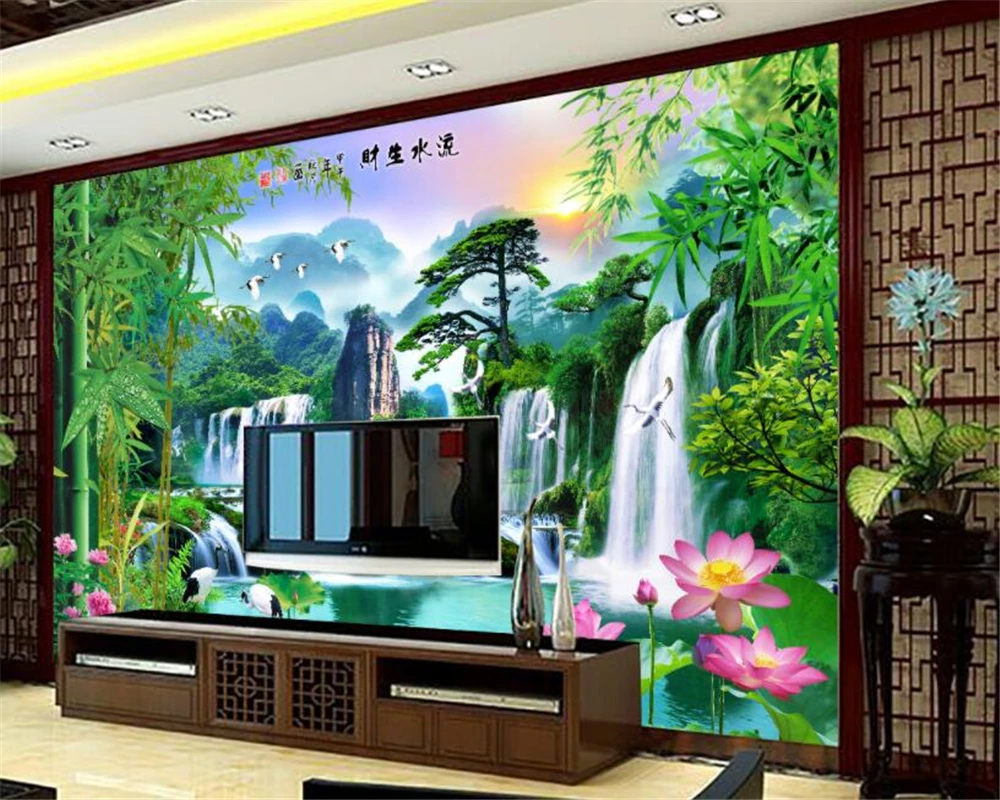 

Beibehang Custom wallpaper bamboo lotus pine natural landscape sunrise TV background wall 3d wallpaper 3d floor painting