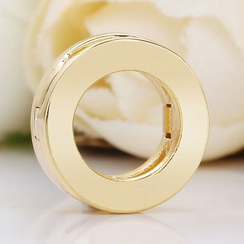 

New 925 Sterling Silver Bead Charm Gold Color Shine Smooth Reflexions Logo Clip Stopper Beads Fit Pandora Bracelet Diy Jewelry