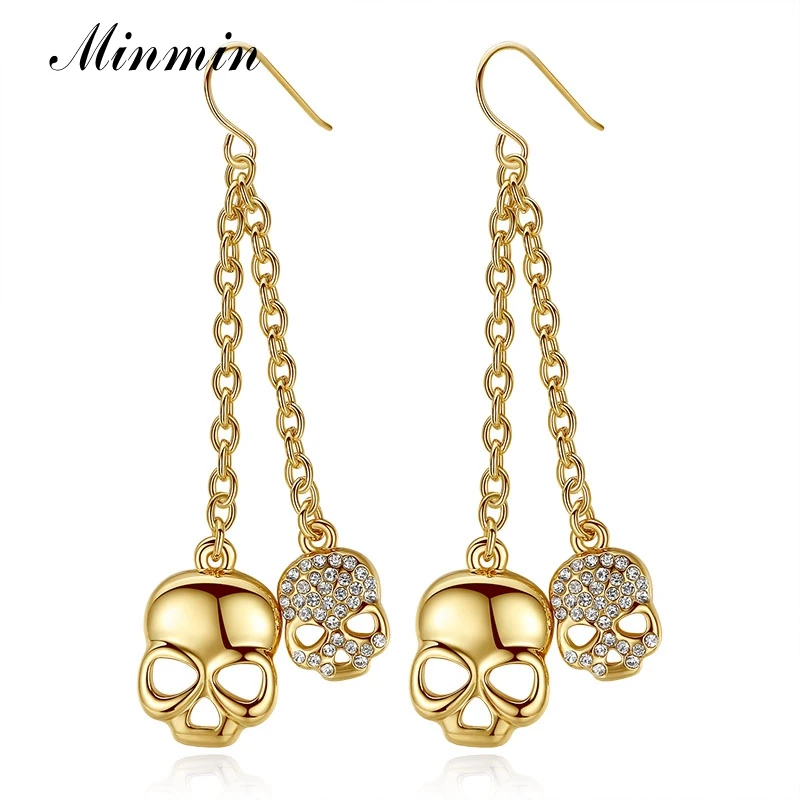 Minmin Gold color Rhinestone Long Earrings with Double Skeleton Pendant