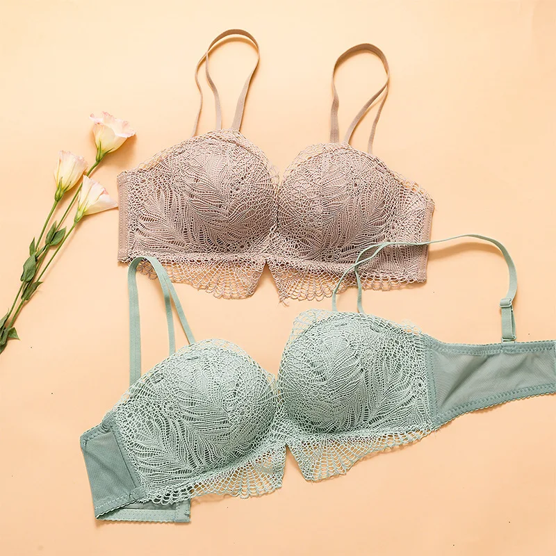 

Roseheart Women Fashion Green Padded Lace Trim Straps Invisible Bras Cotton Panties Push Up Bra Set Sexy Lingerie Set Underwear