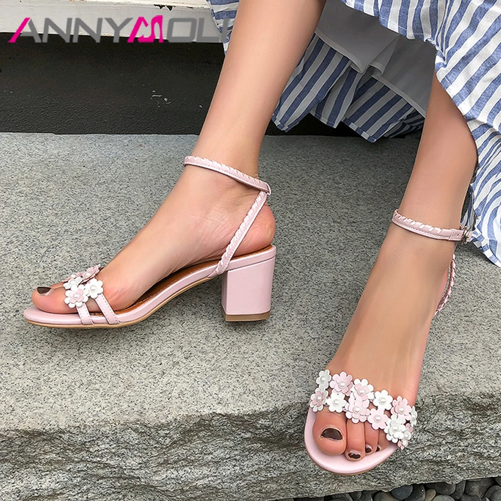 

ANNYMOLI Women Shoes Summer Sandals Natural Cow Leather Flower Block High Heel Shoes Buckle Open Toe Ankle Strap Sandals 3-10 42