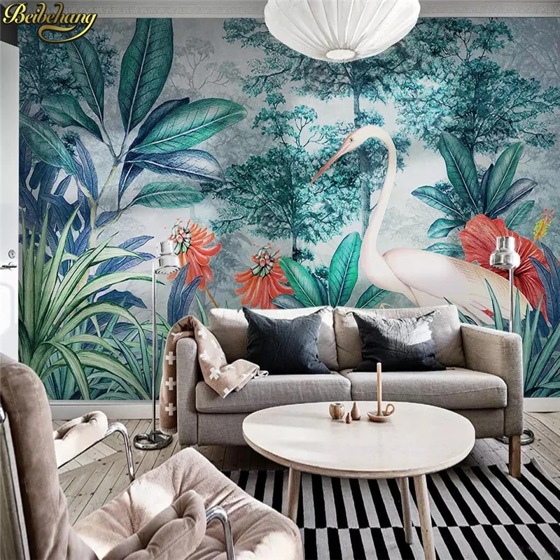 

beibehang custom Medieval rainforest banana leaf flamingo Photo Wallpaper 3D Large Murals wall paper Living Room Sofa Bedroom