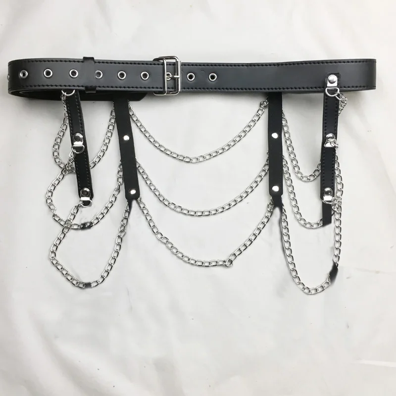Новая Сексуальная Панк металлическая цепь 4 ремни подвязка пояс для женщин черный искусственный кожаный пояс-шнур Ночной Клубная принадлежность