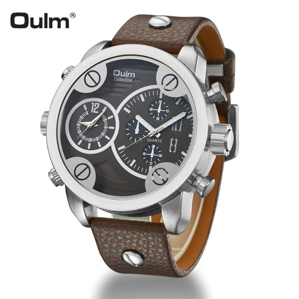 

OULM Casual Army Quartz Watch Men Double Time Zone Brown Leather Strap Oversize Fashion Sports Mens Watches Top Brand Luxury