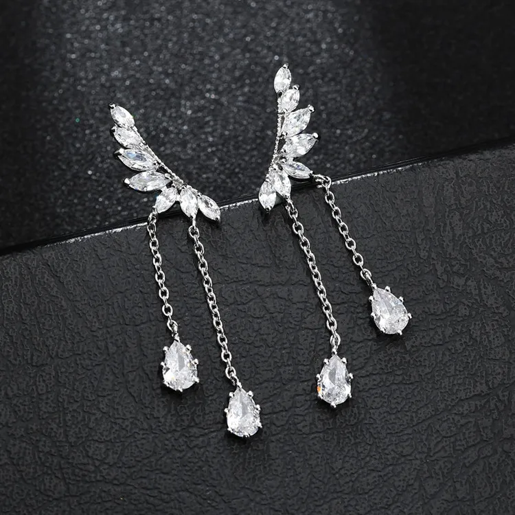 

Luxury Female Crystal Water Drop Earrings 925 Sterling Silver Wing Chain Earrings Boho Long Dangle Wedding Earrings For Women