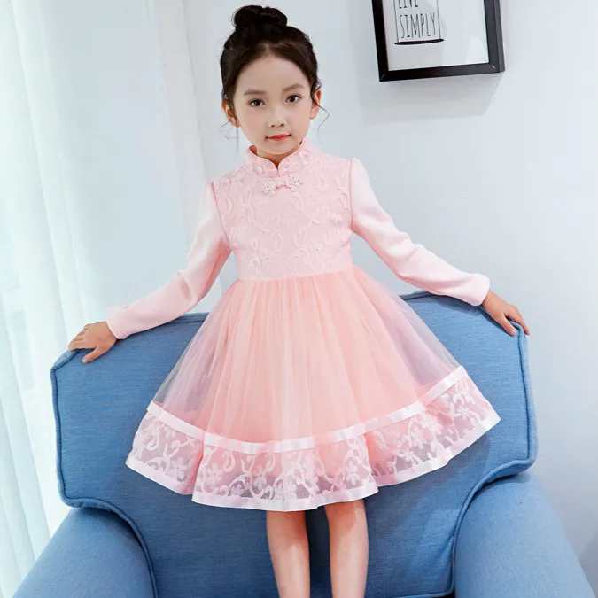 

2019 New Dresses For Girls Cute Lace Solid Long Sleeve Children Dress Ball Grown Party Princess Baby Kids Clothes
