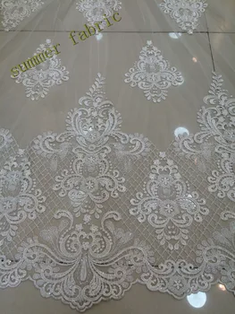 

Embroidered African Guipure French Lace Fabric White High quality African Tulle Lace Fabric with full beads for Bride