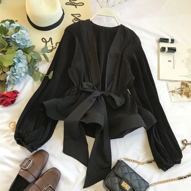  ALPHALMODA 2019 V-neck Pleated Bow Knot Ruffled Hem Ladies Stylish Chiffon Blouse Lantern Sleeve Ch