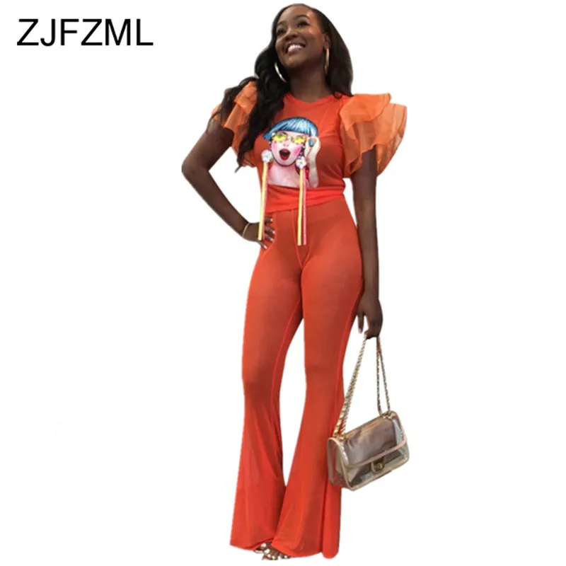 

Neon Orange Mesh Patchwork Sexy Two Piece Set Women Character Print Ruffles Sleeve Top And Flare Pant Suits Summer Club Outfits