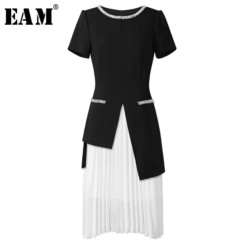 

[EAM] 2019 New Spring Summer Round Neck Short Sleeve Black Loose Pleated Half-body Skirt Two Piece Suit Women Fashion Tide JW394