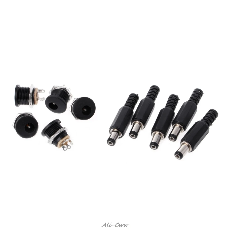 

5 Pcs 5.5mm x 2.1mm Male DC Power Plug Connector+5 Pcs Screw Lock Female Panel Socket Mount Adapter