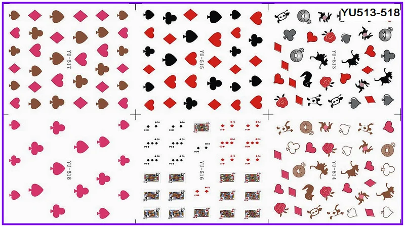 6 упак./лот переводка Нейл-арт ногтей Наклейка для переноса набор для покера в мультяшном стиле сердце Лопата YU513-518
