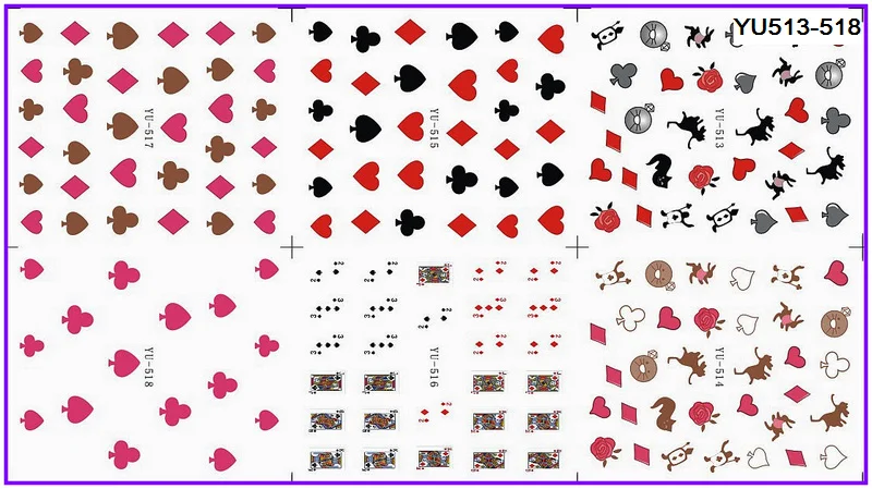 

6 PACK/ LOT WATER DECAL NAIL ART NAIL TRANSFER STICKER CARTOON POKER HEART SPADE YU513-518