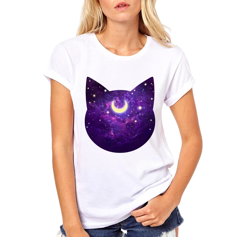 

Midnight Cat Stroll Japan Anime Sailor Moon White T-shirt Luna Cat Ear short Sleeve Cartoon Print Casual Top Tee for Women