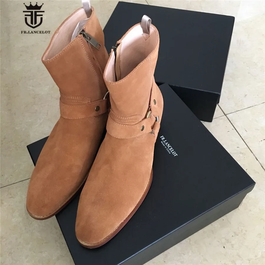 Real Picture Luxury Handmade Classical Wyatt Homme Luxury Slim Fit Real Suede Leather High Top Boots Harness Chelsea Boots real picture luxury handmade classical wyatt homme harness high top chelsea men boots wedge real cow leather suede boots