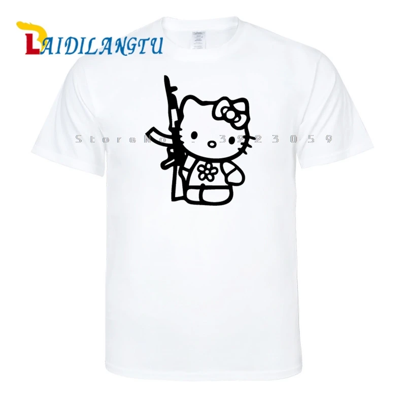 

Hello Kitty With Gun Decal Printed custom made Cotton Tees Tops Men's Round Neck T-Shirt