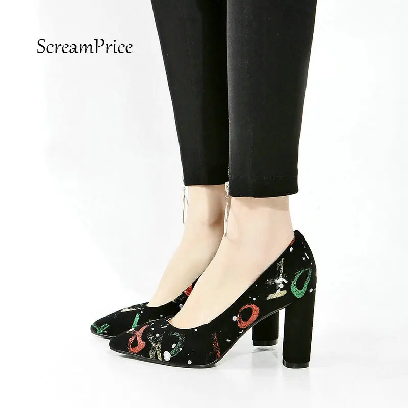 

Novelty Suede Thick High Heel Slip On Lazy Shoes Fashion Mixed Colors Shallow Pointed Toe Dress Women Pumps Red Blue