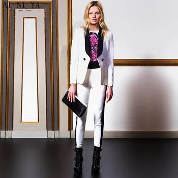 

Jacket+Pants White Women Business Suits Formal Black Satin Lapel Formal Office Uniform Female Trouser Suit 2 Piece Set Blazers