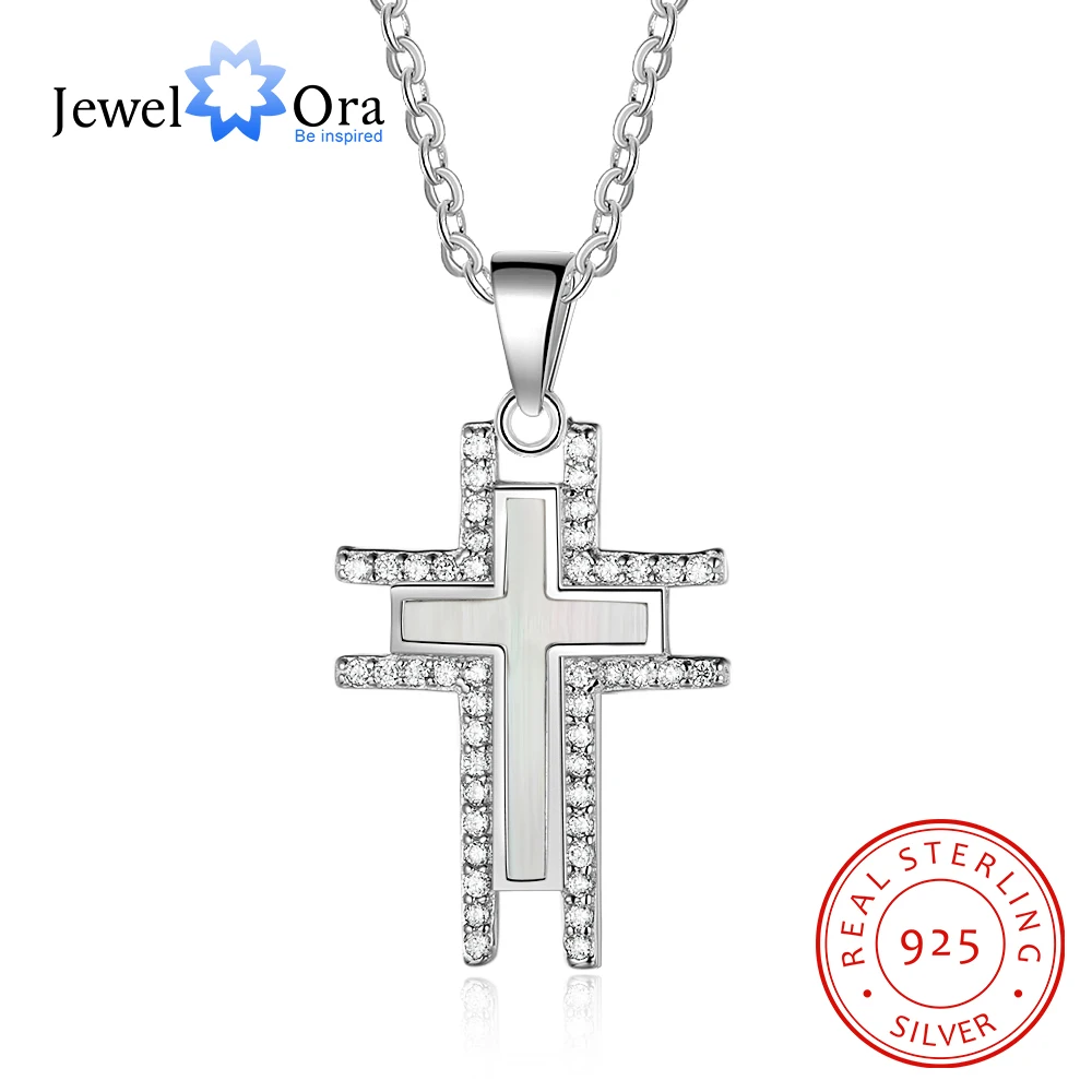 

925 Silver Necklace For Women Cross Pearl Oysters Pendants Cubic Zirconia Religious Jewelry Hot Sale (Jewelora NE102574)