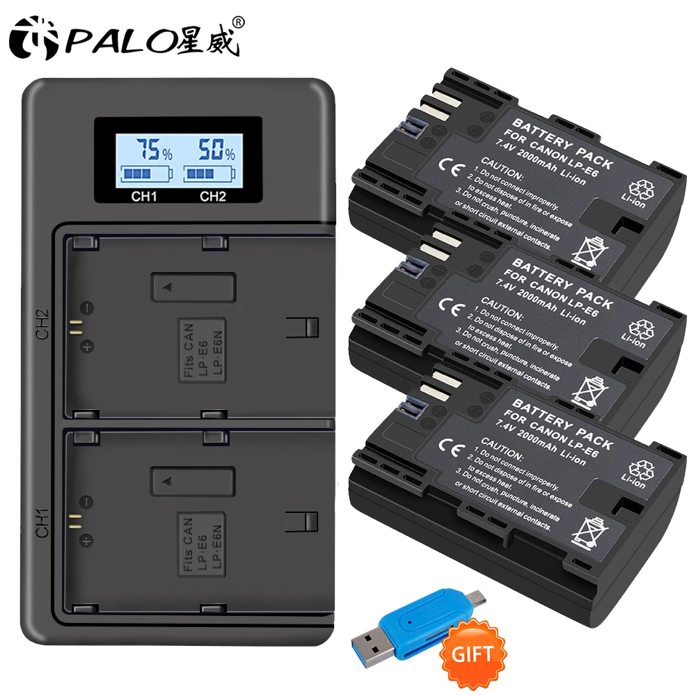 

PALO 3pc LP-E6 LP-E6N LP E6 LPE6 Battery+LCD USB Dual Charger for Canon EOS 6D 7D 5D Mark II III IV 60D 60Da 70D 80D 5DS R XC10