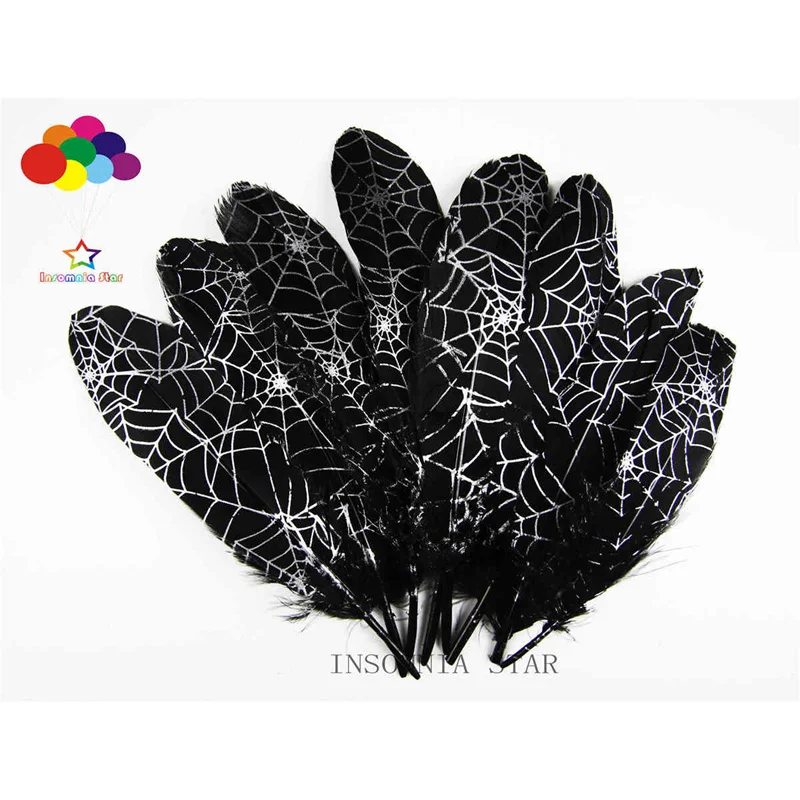 

10pcs 100% natural Dyed goose feather 15-25cm/6-10inch black Beautiful Silver Spider Web for Diy carnival costume mask headdress