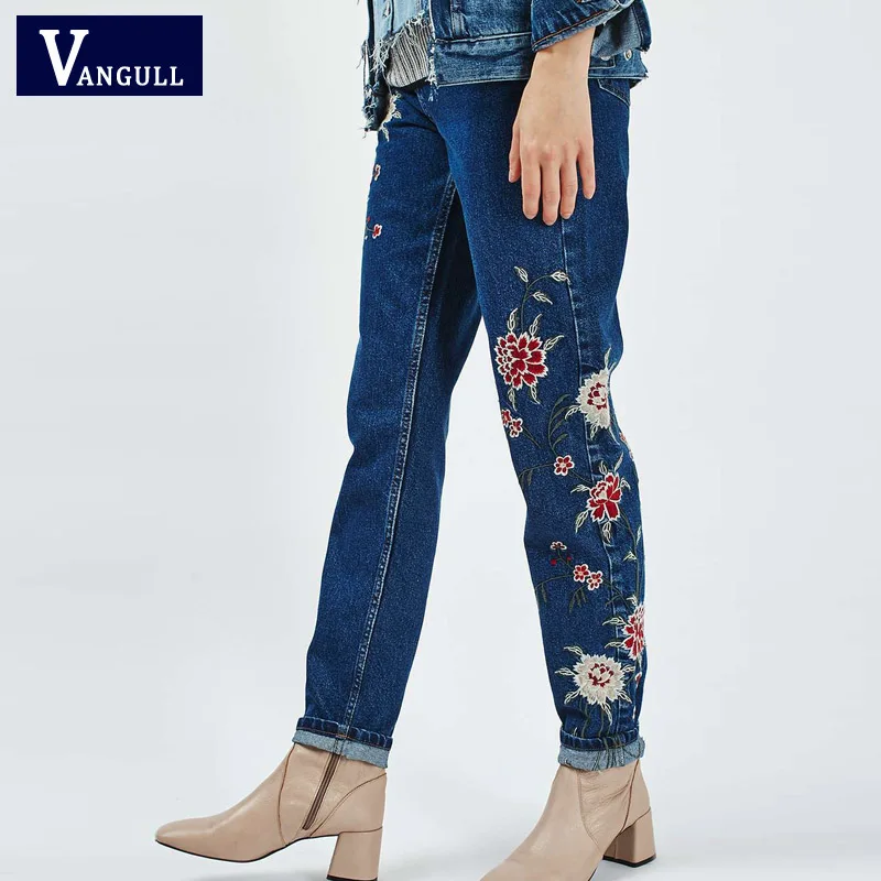 Denim Blue Floral Embroidery Women's Jeans Pockets Vintage Ladies Ankle
