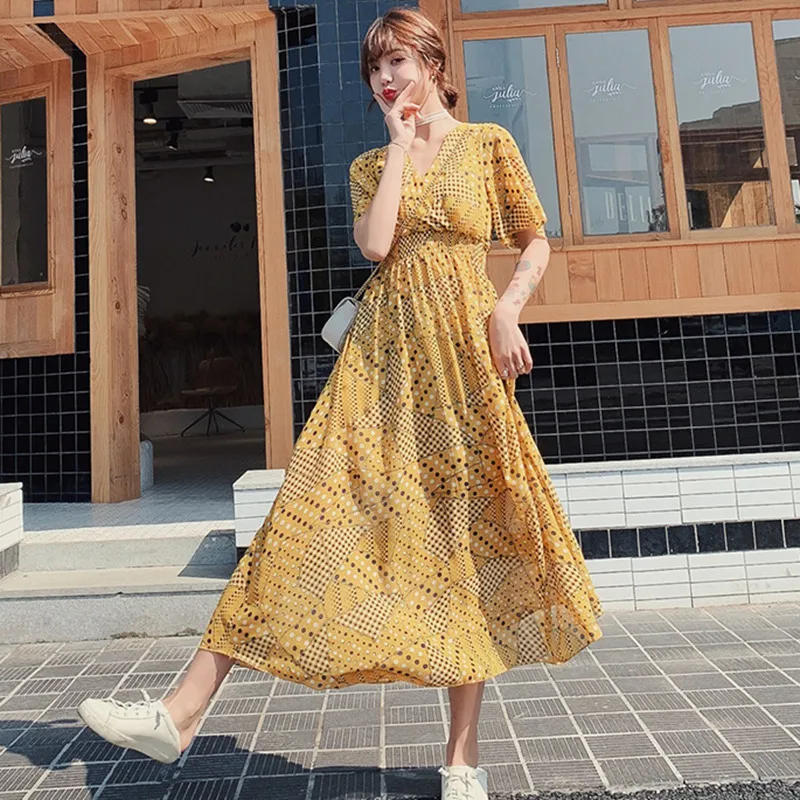 2019 New Arrival Summer Fashion Women Dresses Short Sleeve Dot Chiffon V neck Dress Temperament small fresh Girdle Waist | Женская