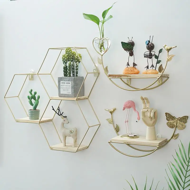 

Nordic Gold Decorative Shelves Punch-Free Wall-Mounted Shelf Living Room Metal Wall Storage Racks Hanging Decor Home Decoration