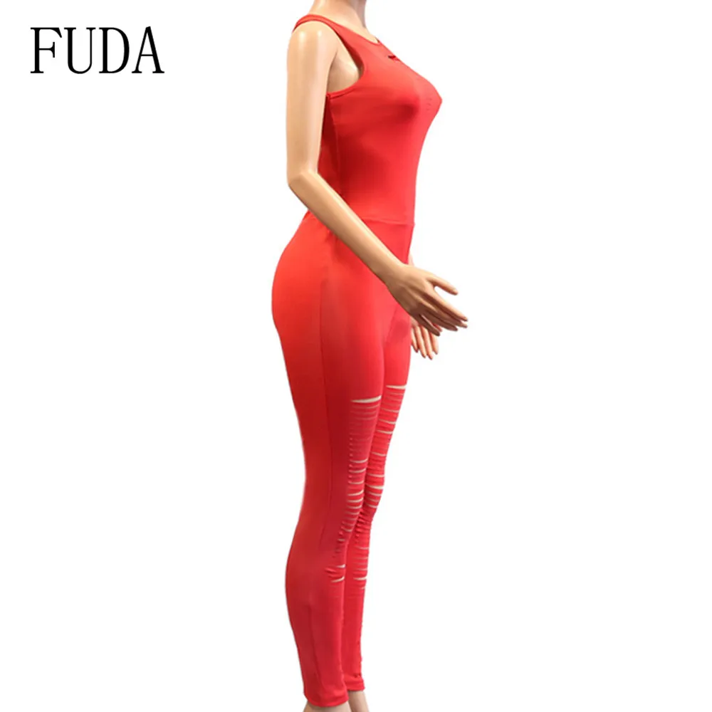 FUDA Red Burnt Flower Openwork Backless Sleeveless Summer Jumpsuits Women Bodycon Bandage Hole Playsuits Combinaison Short Femme FUDA Red Burnt Flower Openwork Backless Sleeveless Summer Jumpsuits Women Bodycon Bandage Hole Playsuits Combinaison Short Femme