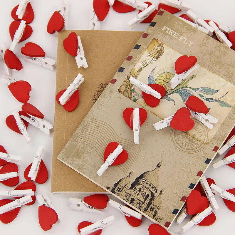 

60PCS/Lot Office Supplies Wood Clothespin Clips Mini Romantic Loving Heart Shape Wood Clips Handicrafts Papers