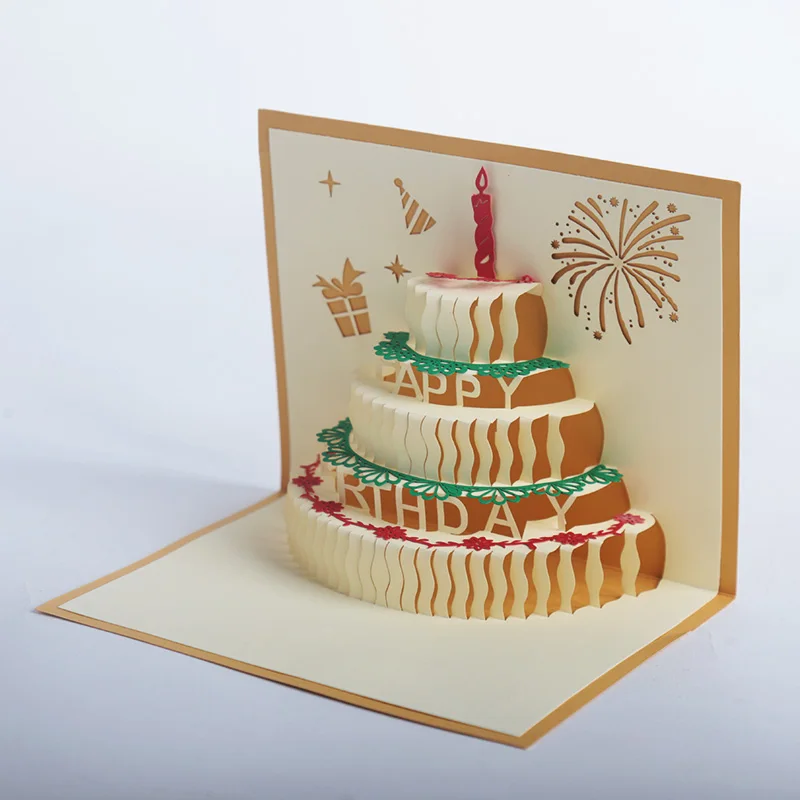 Joyeux Anniversaire Carte Postale De Voeux Cadeau Cartes Kraft Kirigami Papier Blanc 3d Main Pop Up Laser Cut Vintage Gateau Avec Enveloppe Aliexpress