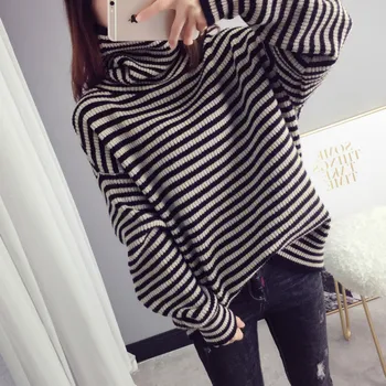 

2019 autumn winter stripe Warm knit sweater women Bat sleeve Large size Thick high neck Pullover sweater cc262