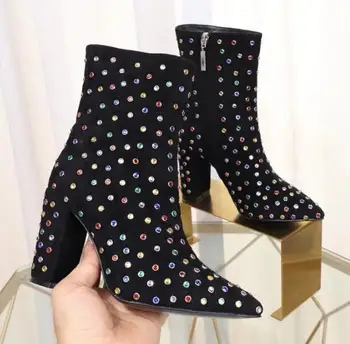 

Colorful Rhinestone Winter Autum Ankle BootsThick High Heels Short Boots Zipper Crystal Pointed Toe Ladies Shoes botas mujer