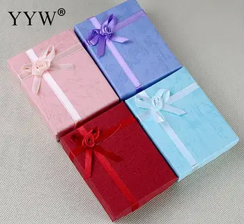 

YYW 12PCs/Lot New Paper with Satin Ribbon Rectangle mixed colors 90x70mm Cardboard Jewelry Set Box