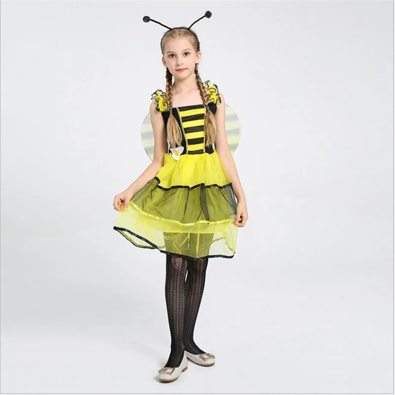 

3Pc Bumble Bee Honey Girls Kids Fairy Halloween Fancy Children Girls Dress Up Party Costume Princess Dress Fairy Dress Wings Set