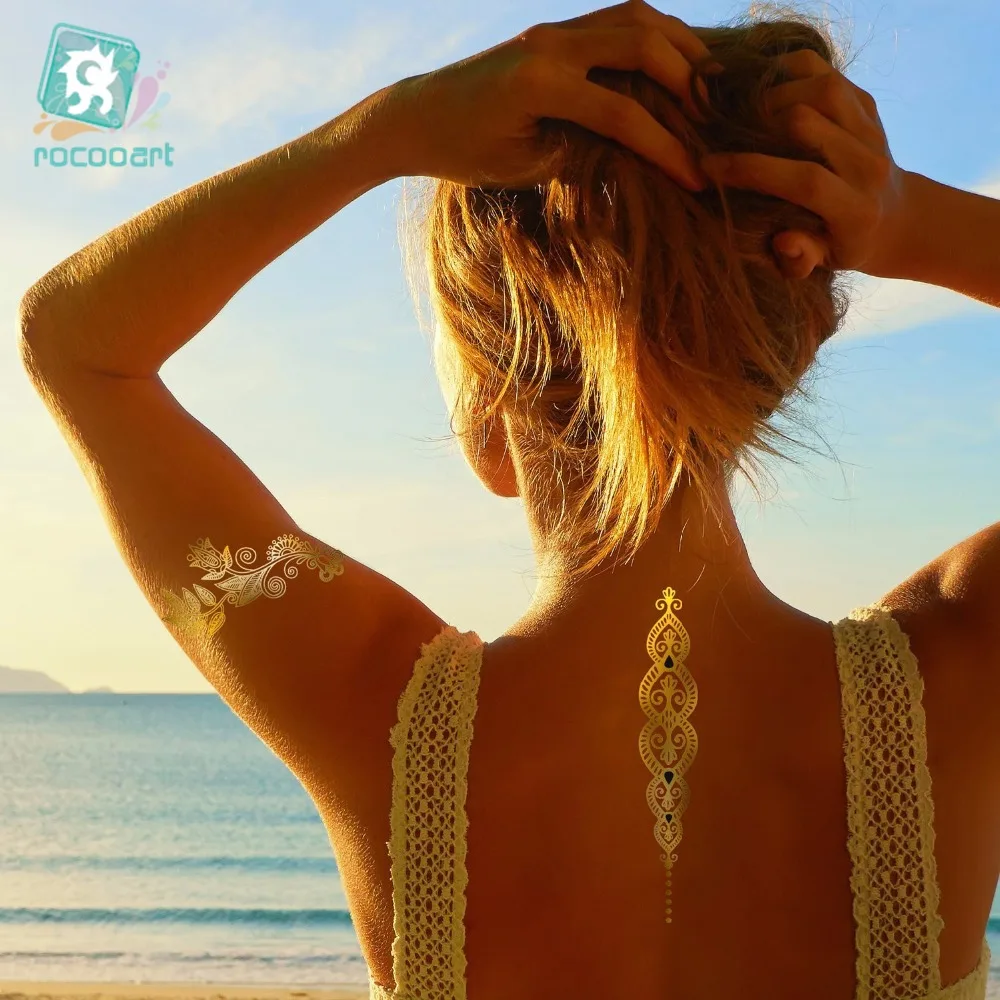 

Fashion Flash Metallic Waterproof Temporary Tattoos Gold Silver Tatoo Women Back Chest Henna Flower Taty Design Tattoo Sticker