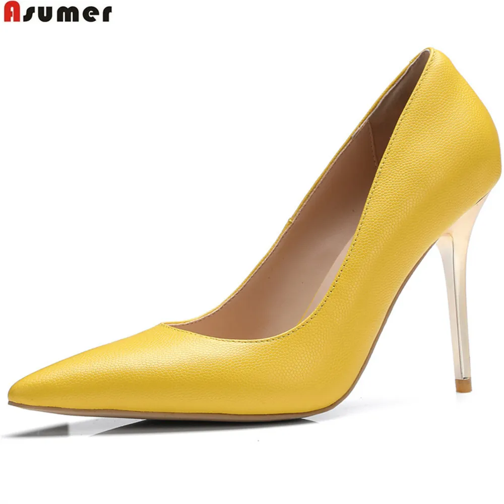 

Asumer black white yellow fashion spring autumn new pump shoes pointed toe shallow sexy women genuine leather high heels shoes
