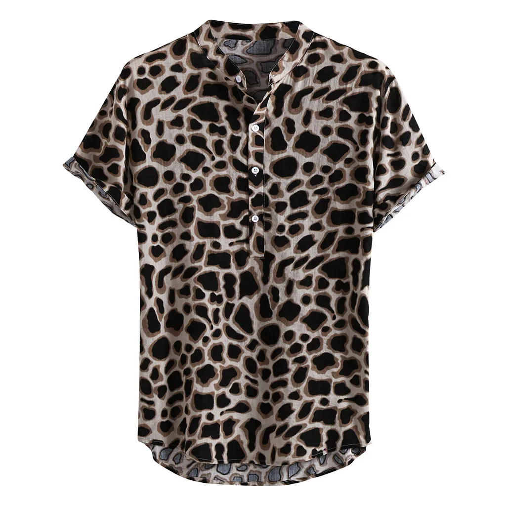 Гавайская Повседневная рубашка, мужская летняя уличная рубашка со стоячим воротником, мужские рубашки в стиле хип-хоп, пуловер с леопардовым принтом, свободные топы, рубашка M-3XL
