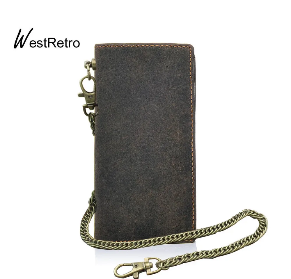 

Retro Motorcycle Punk Biker Simple Bifold Long Leather Wallet with Chain For Men